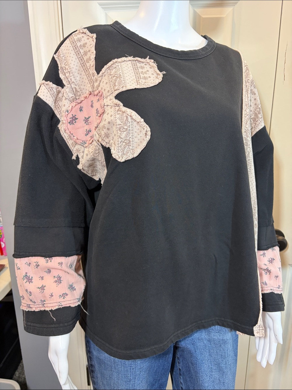 Umgee Black Sweatshirt with Pink Floral Patch Accents